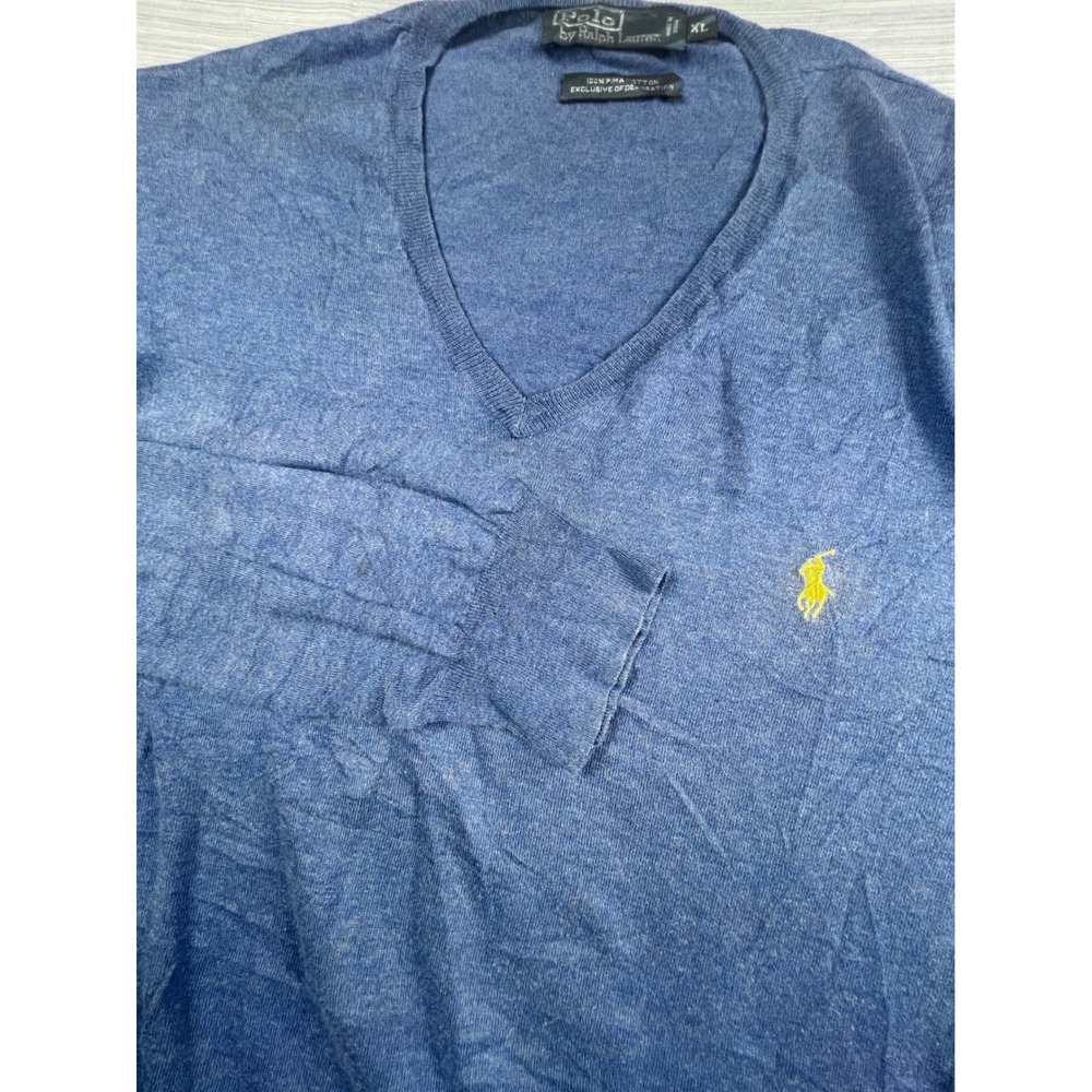 Polo Ralph Lauren Mens XL Blue Pima Cotton V-Neck Sweater Yellow Pony Logo